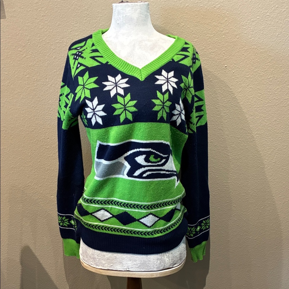 NFL Seattle Seahawks Women's Green and Blue V-Neck Sweater